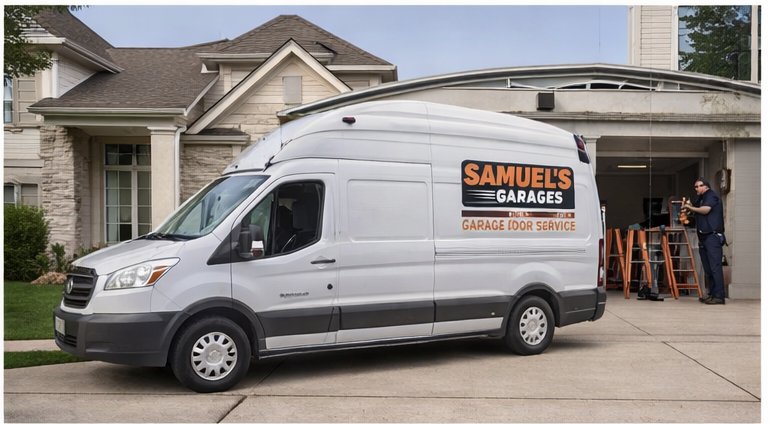 Samuel's Garages technician repairing garage door in Justin TX